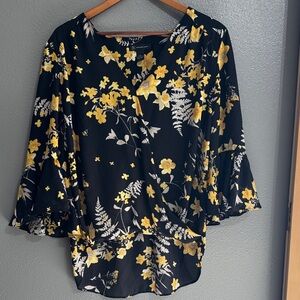 Inc Black & Yellow Floral V-Neck Women's Blouse